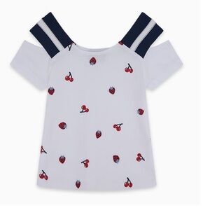 Girls White Cold-Shoulder Tee with Cherry Print and Navy Straps